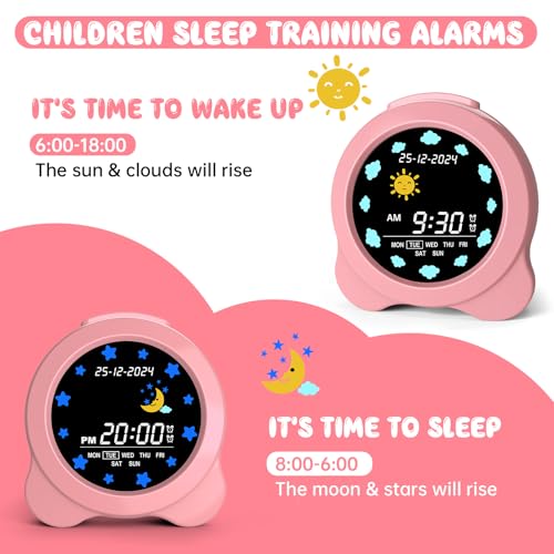 Kids Alarm Clock, Sun & Moon LED Display with Day & Date, Children's Sleep Trainer with Night Light & Sleep Sounds, Cute Wake Up Clock for Kids Bedroom, Easy to Use Birthday Gift for Boy and Girls