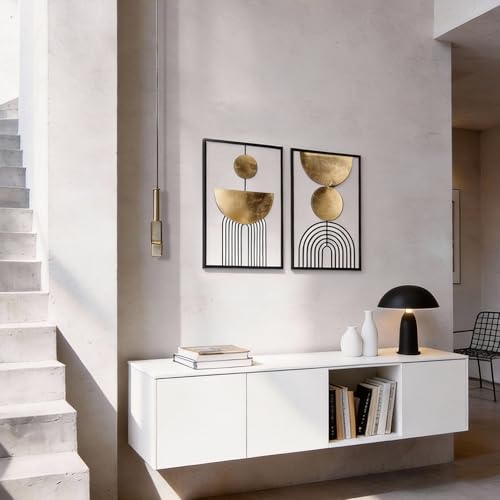 Abstract Geometric Wall Decor Set, Gold and Black Metal Wall Art with Circular and Linear Designs, 2 Piece Framed Modern Wall Sculpture