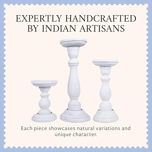 Tuli Mango Wood Candle Holders - Shabby White, Set of 3