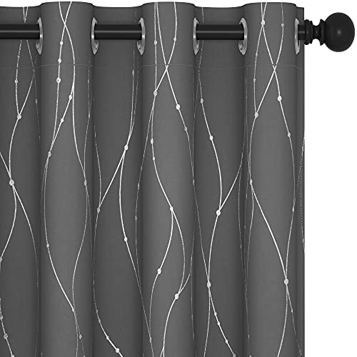 Deconovo Blackout Curtains, Light Grey Thermal Grommet Drapes, Silver Wave Dots Foil Print, Thermal Window Panels, 52" W x 84" L, 2 Panels, for Bedroom Living Room Nursery Office
