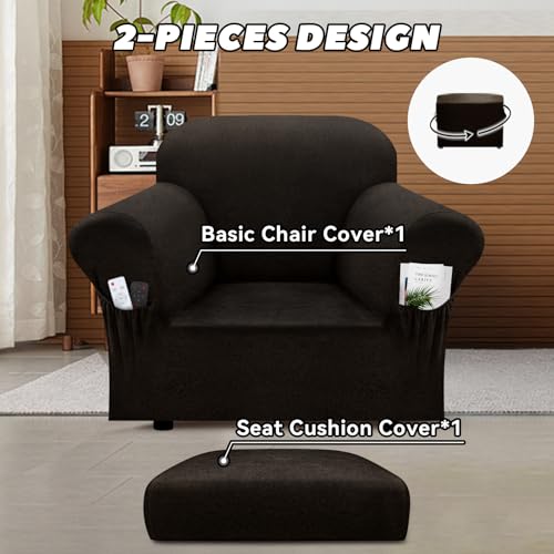 Chair Slipcover with Armrest Pockets 2-Piece Set, Stretch Faux Leather Chair Cover for Armchairs(Fits 31-45") - Non-Slip, Machine Washable, Pet & Kid Friendly - Coffee
