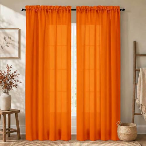 2 Panels Orange Curtains for Living Room Boho Solid Light Filtering Curtains for Bedroom Modern Bright Orange Window Treatment Set Rod Pocket Drapes Elegant Farmhouse Semi Sheer Curtains 52X84 Inches