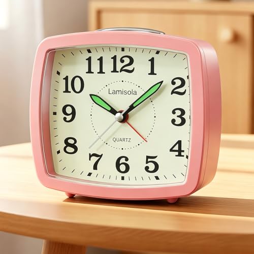 Lamisola Battery Analog Travel Alarm Clock, Small Clock for Bedroom, Desk Table Shelf Clocks for Room Office Bathroom Vanity, Aesthetic Retro Clocks for Kids Girls, Pink