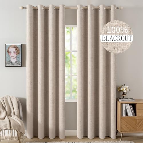 MIULEE 100% Blackout Linen Textured Curtains for Bedroom Solid Thermal Insulated Natural Beige Grommet Room Darkening Curtains & Drapes Luxury Decor for Living Room 52 x 84 Inch (2 Panels)