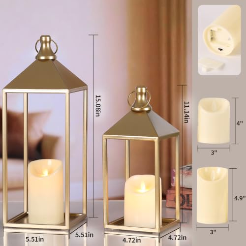 Decorative Candle Lanterns Indoor, 2 Pcs Gold Metal Lanterns with Candles