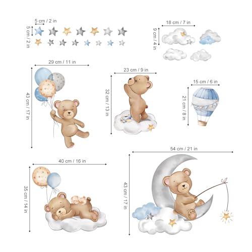 decalmile Bear Sleeping on The Moon Wall Decals Hot Air Balloon Animals Clouds Wall Stickers Baby Nursery Kids Bedroom Playroom Wall Decor
