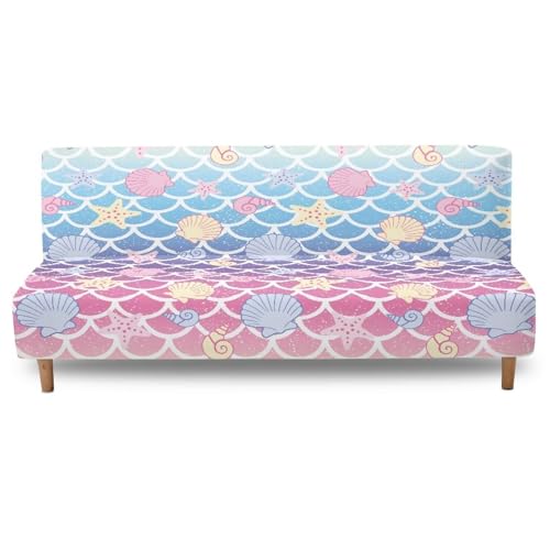 Xoenoiee Futon Slipcover Armless Futon Bed Sofa Cover Furniture Protector with Elastic Bottom, Soft and Washable Futon Covers for Sofa Bed, Mermaid Scale Starfish Shell Conch