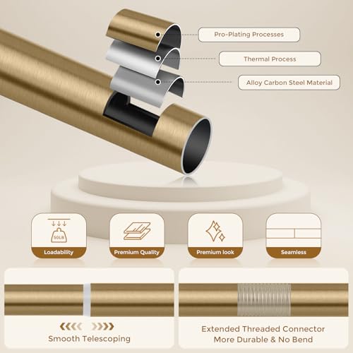Brass Gold Curtain Rod 34-124 Inch, Brushed Warm Gold 1” Adjustable Long Heavy Duty Curtain Rods for Windows, Decorative Antique Bronze Window Treatment Rods with Modern Solid Aluminum Finial