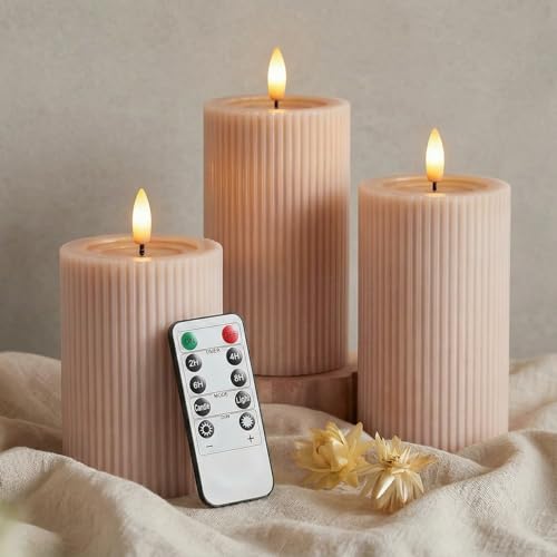 Fluted Ribbed LED Pillar Candles, Blush Beige, with Realistic Reflective Melted-Wax Effect – Flickering Flame, Remote, Dimmable, Flameless, Battery Operated, Home & Wedding Decor (Set of 3)