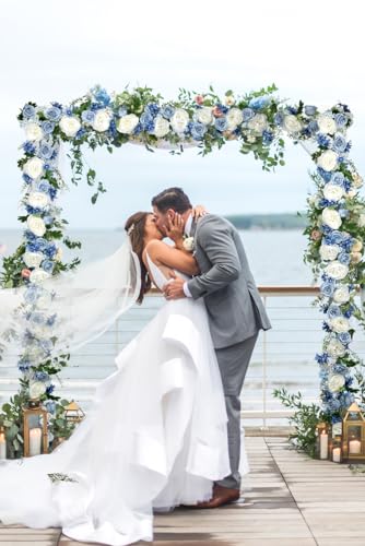 DearHouse 2Pcs Artificial Peony Flower Garland - Silk Peony Garland with Purple White Flowers for Wedding Party Table Decoration,6ft/Strand(White& Blue&Dark Blue)