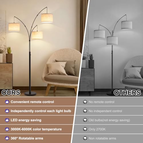 Floor Lamps for Living Room, 2400LM Super Bright Arc Floor Lamp with Remote Control, 3 Light Tall Floor Lamps with Stepless Dimmable, 80" Mid Century Tree Floor Lamp for Bedroom, Office