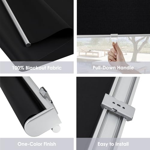 Cordless 100% Blackout Roller Shades for Windows,UV Protection Pull Down Shades,Room Darkening Door Blinds Thermal Insulated Fabric for Home Office and Bedroom(34" W x 72" H,Black)