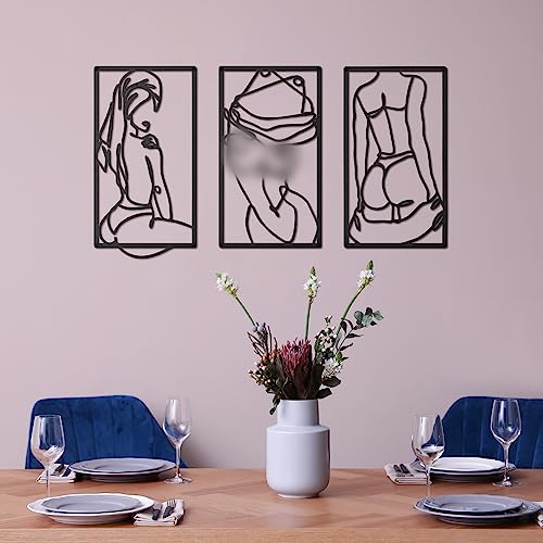Peryiter 3 Pcs Modern Minimalist Wall Decor Abstract Metal Wall Art Metal Line Art Woman Body Artwork for Bedroom Bathroom Living Room(Black)
