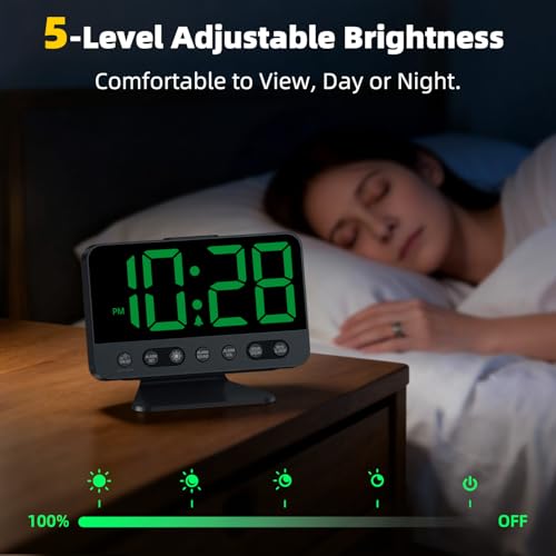 AuroraCalm Digital Alarm Clock with Large Numbers for Bedrooms: Bold Display Readable Across The Room with 5 Level Brightness - 5 Alarm Sounds 8 Night Lights for Kids Seniors Teens - Green