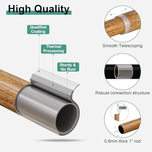 QDWIS Imitation Wood Grain Curtain Rods for Windows 72 to 144 Inch,1 Inch Heavy Duty Adjustable Wood Curtain Rod,Boho Decorative Drapery Rods Set with Brackets,Size:36''-150''