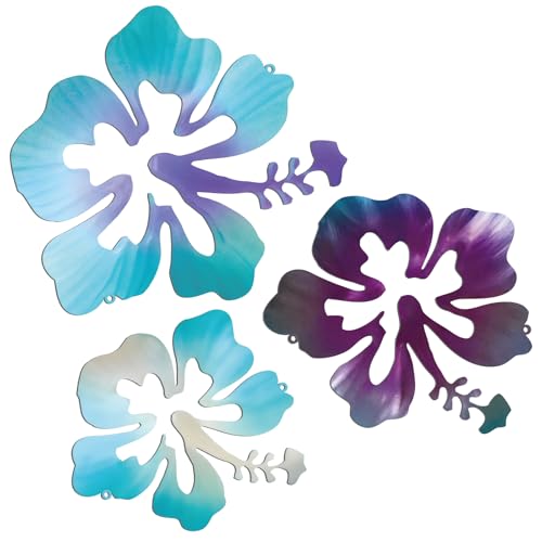 CroBlissful 3 Pcs Hawaiian Metal Hibiscus Wall Art Rustic Summer Tropical Hibiscus Flower Wall Decor Vintage Tropical Plant Plaque for Home Bathroom Office(Blue Purple, Purple, Blue)