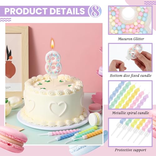 MTLEE Number 8 Birthday Candle with 12 Pcs Spiral Candles for Girls Macaron Pastel Rainbow Unicorn Pink Cake Topper for Sweet Theme Party Decoration