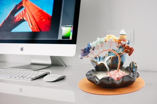 Dreamgirnh Chakras Backflow Incense Burner, Crystal Tree Incense Waterfall Fountain, Cone Incense Holde, Living Room Shelf Aesthetic Decor