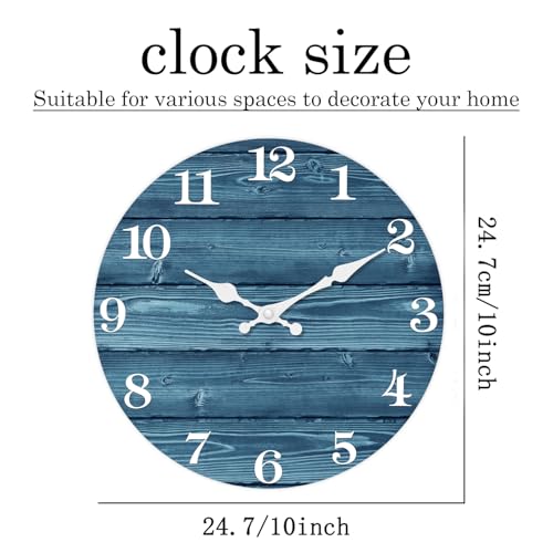 XFM Blue Wall Clock Battery Operated 10 Inch Silent Wood Wall Clocks Country Retro Farmhouse Wall Clock Decorative for Kitchen Living Room Bedroom