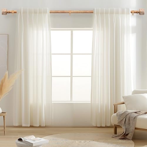 Boho Wood Curtain Rods for Windows 48 to 84 Inch, 1" Diameter Adjustable Heavy Duty Curtain Rod with Imitation Wooden Grain Leaf Pattern Finials, Rustic Decorative Drapery Rods, Size 32"-90"