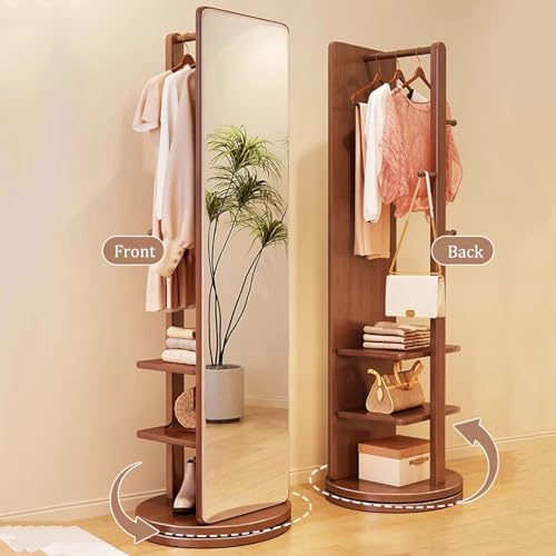 Floor-Standing Solid Wood Rotating Coat Rack，360° Rotating Full Length Mirror with Coat Rack - Solid Wood Freestanding Dressing Mirror, Large Clothes Hanger with Hooks for Living Room & Bedr