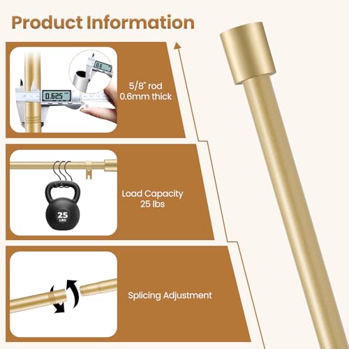 Gold Curtain Rod for Windows 28 to 48 Inch, 5/8 Inch Splice Adjustable Curtain Rod Gold with 2 Brackets, Easy Installation and Simple End Caps, For Living Room, Bedroom, Outdoor