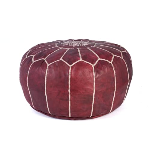 Handmade Moroccan Embroidered Leather Pouf | Delivered Unstuffed | Ottoman, Footstool, Footrest, Hassock, Floor Cushion, Coffee Table, Under Desk | Gift for Housewarming or Weddings (Burgundy)