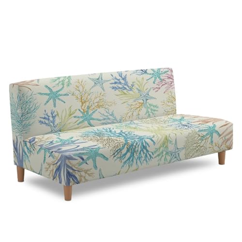 Starfish Armless Futon Cover Elastic Futon Couch Cover Replacement Removable Couch Slipcover Non-Slip Furniture Protector for Coastal Theme Living Room Hotel