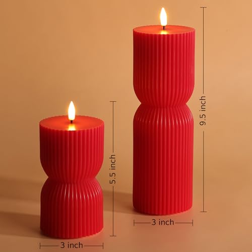 Red Christmas Ribbed Flameless Pillar Candles with Remote Set of 2