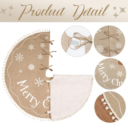 AerWo Christmas Tree Skirt 36 Inch, Burlap Tree Skirt Printed with White Snowflake and Merry Christmas Decor, Brown Tree Skirt for Christmas Decorations New Year Holiday Party Supply Indoor Outdoor