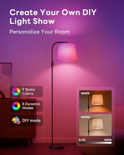 LED Arc Floor Lamp for Living Room, 65" with Magnetic Remote, RGB Color-Changing, 1600K Amber & 4000K Daylight, 0.1%-100% Dimmable, 1200lm, 350° Swivel Woven Linen Shade, Sofa & Reading Lamp