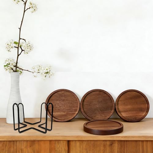 Wood Drink Coasters with Holder, Set of 4, Natural Absorbent Wooden Coasters for Drinks, Mode – alternate view