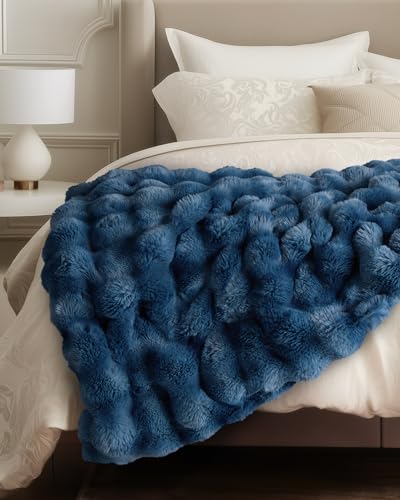 Ultra Soft Cozy Faux Fur Throw Blanket, Fuzzy Plush Thick Bubble Blanket, Oversize Luxury Fluffy Blanket for Couch, Bed, and Living Room, 60x80 Inches, Blue
