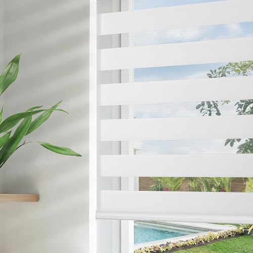 Joydeco Cordless Zebra Blinds for Windows, Dual Layer Free-Stop Zebra Shades Privacy Light Control for Day and Night, Light Filtering Sheer Blinds for Indoor Windows, Home (35" W X 75" H, White)