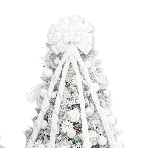Hismir Christmas Tree Topper Bow，53x13 Inches Large Christmas Bow with Glitter Streamer and Patterned Ribbon，Decorative Bows for Xmas Tree Wreath Door Festival Home Decor(White)