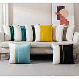 ZLINA Set of 2 Velvet Decorative Throw Pillow Covers Navy Blue White Patchwork with Gold Leather Pillow Covers 18 × 18 Inch Cushion Covers Decor Living Room Sofa Bedroom Car