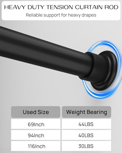 Tension Curtain Rod by EZFurni, 42-123 Inches, Heavy Duty Tension Rods for Windows, Adjustable Spring Loaded Curtain Rods No Drilling, Renter Friendly, Hold Up Blackout Curtains and Non Slip, Black