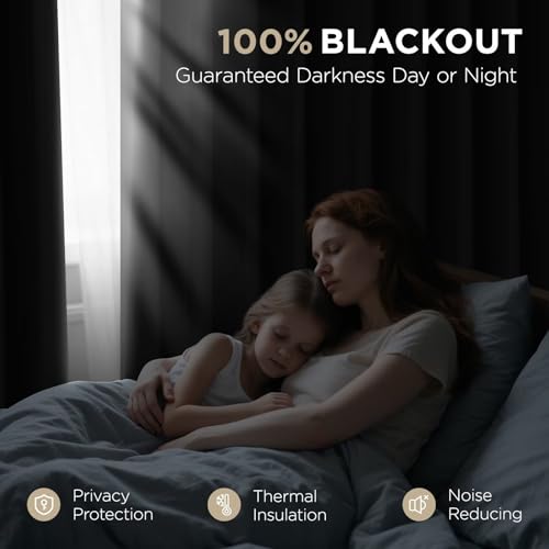 Joydeco Blackout Curtains for Bedroom, Black out curtains 96 inch long 2 Panels, Long Black Drapes with Rod Pocket Back Tab, Room Darkening Noise Reducing & Wrinkle-Free Drapes for Living Room Windows