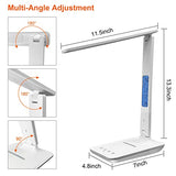 Desk Lamp with Wireless Charger, USB Charging Port, Dimmable Office Desk Light with Clock, Alarm, Date, Temperature, Foldable Lamp for Table Bedroom Bedside Office (White)