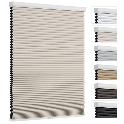 Changshade Cordless Cellular Shades, Blackout Room Darkening Black Out Honeycomb Blinds for Indoor Windows Bedroom, Pull Down Pleated Accordion Blind Easy Install, Shade Size 44" Wx72 H, Beige