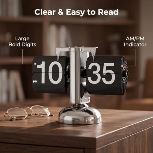 Retro Digital Flip Down Clock Gear Mechanism, Desk Clock Flipping Down Black Fashion for Office, Bedroom, Kitchen, School, Hotel, and Café Décor, AM PM