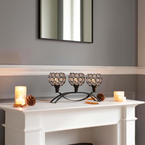 Crystal Tealight Candle Holder Centerpiece Home Decorative Candlestick Holder Elegant Table Centerpiece Home Decor Wedding Party Anniversary (Black, 3 Arm of 4 Pcs)