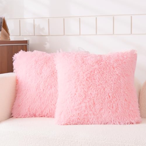 Faux Fur Pink Throw Pillow Covers, Fluffy Soft Fuzzy Decorative Pillow Cases Cute Pillowcases for Home Bedroom Living Room, Zipper Closure, Set of 2 (Pink, 18"x 18")