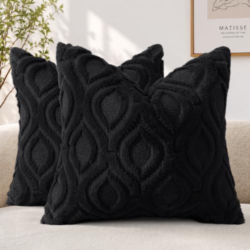 decorUhome Faux Fur Plush Soft Black Throw Pillow Covers 26x26 Set of 2