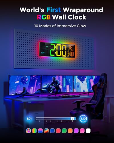 EASYERA 16.5" Large Digital Wall Clock with BT Sync, RGB Lights with 11 Scenes Mode Remote Control, Big LED Clock with Dual Alarms, Auto DST, Temperature for Classroom Gaming