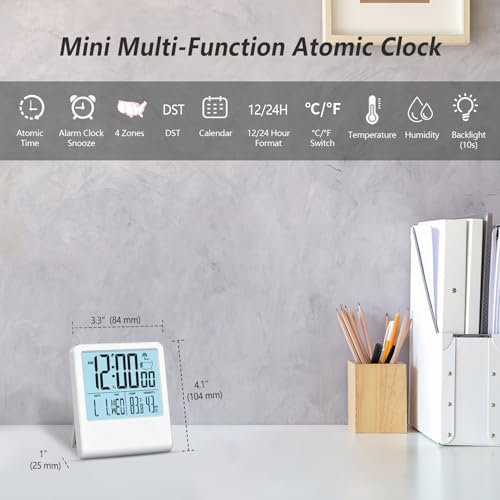 Timloon Mini Desk Atomic Clock | Auto-Calibrating Digital Alarm, Temperature & Humidity, 4 Time Zones, DST, Backlight, Battery Operated
