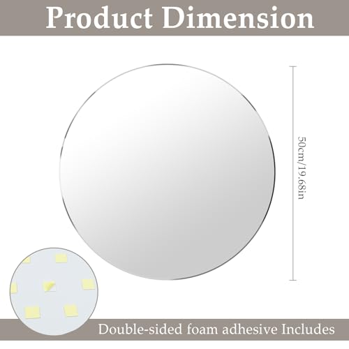 20'' Glass Round Mirror for Wall Decor, Wall Mounted Circle Mirror with Adhesive Tapes for Bathroom, Living Room, Vanity, Bedroom, Entryway, Over Sink, Hallway, Home Decor