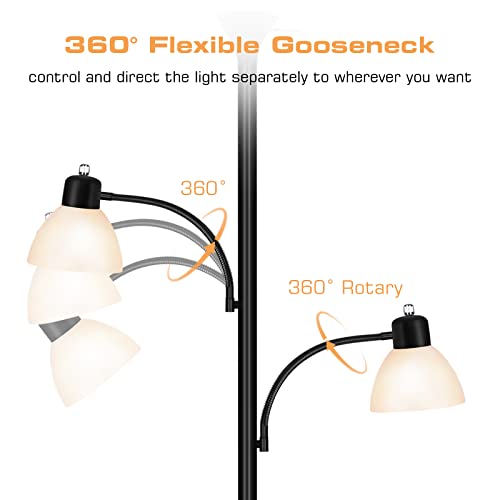 Floor Lamps for Living Room, 72" Tall Torchiere Floor Lamp with 8W Adjustable Reading Lights, Industrial Lamps for Living Room, Bedroom, Office, Black Tree Floor Lamp【3 Bulbs Included】