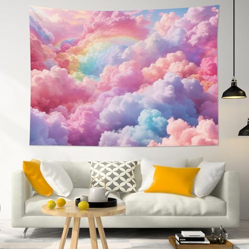 LB Pink Cloud Tapestry Pastel Cloud with Rainbow Sky on Colorful Background Tapestry Wall Hanging Aesthetic Nature Wall Decor for Bedroom Living Room Dorm 60Wx40L Inches