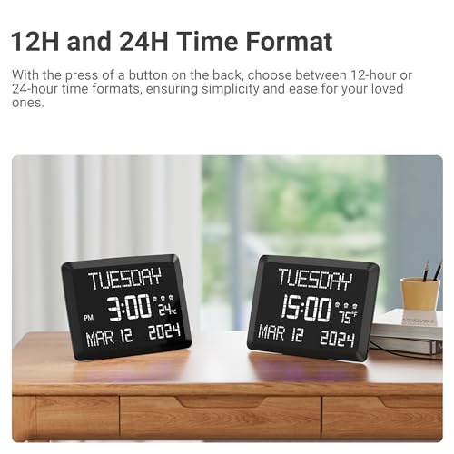 11.5” Extra Large Digital Wall Clock with Date and Day of Week , Electric Desk Clock for Seniors, Large Display Alarm Clock for Bedroom with Battery Backup, 5 Dimmer, 2 USB Ports, Indoor Temp, 12/24H